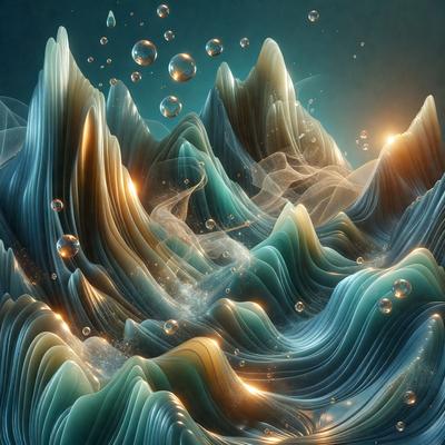 The primary subject of the image is a mountain with a waterfall, surrounded by a blue and green ocean. The setting is a beautiful underwater scene with a mountain range and a waterfall. The visual style is digital art, creating a vibrant and colorful atmosphere. The dominant colors are blue and green, with the waterfall adding a splash of white. The overall mood is serene and captivating, showcasing the beauty of the underwater world.